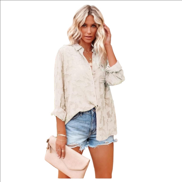 Pretty Garden Romantic Sheer Chiffon Textured Blouse Button Down Cream Small - Picture 16 of 16